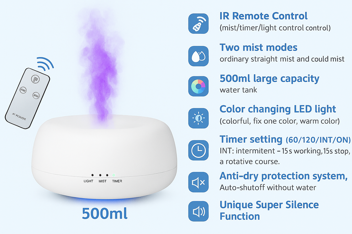 HOMEFISH Aroma Diffuser 500ml Ultrasonic Air Humidifier Colorful Light Fragrance Diffuser Essential Oil Diffuser For Home